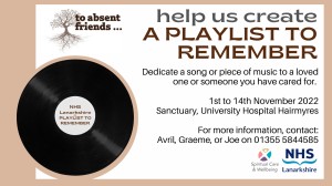 A flyer for the A Playlist to Remember event decorated with the image of a vinyl record and the same event details described in the text for the event.