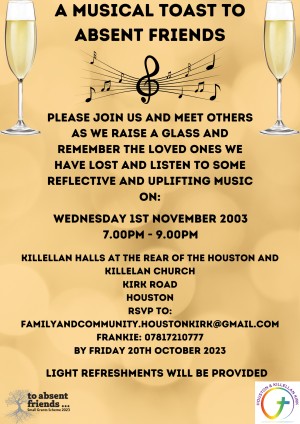 Event poster for "A Musical Toast to Absent Friends", with information repeated in the text of the post arranged on a yellow background.