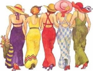 A cartoon of five women walking with arms linked, seen from the rear. They are all wearing beach pyjamas and hats in various bright colours, and one is carrying a beach bag.