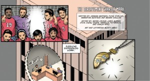 Three panels of comics art, depicting a posing football team with one missing member, an office environment with one empty chair, and one half of a friendship necklace, with the caption "Everyone experiences loss."