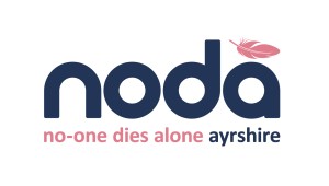 Logo of No One Dies Alone Ayrshire, which is navy text with a pink feather